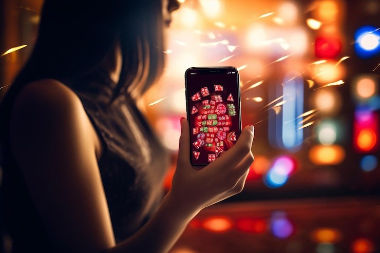 Ilustrasi pengguna menggunakan perangkat mobile menikmati promosi nos69 dengan mudah